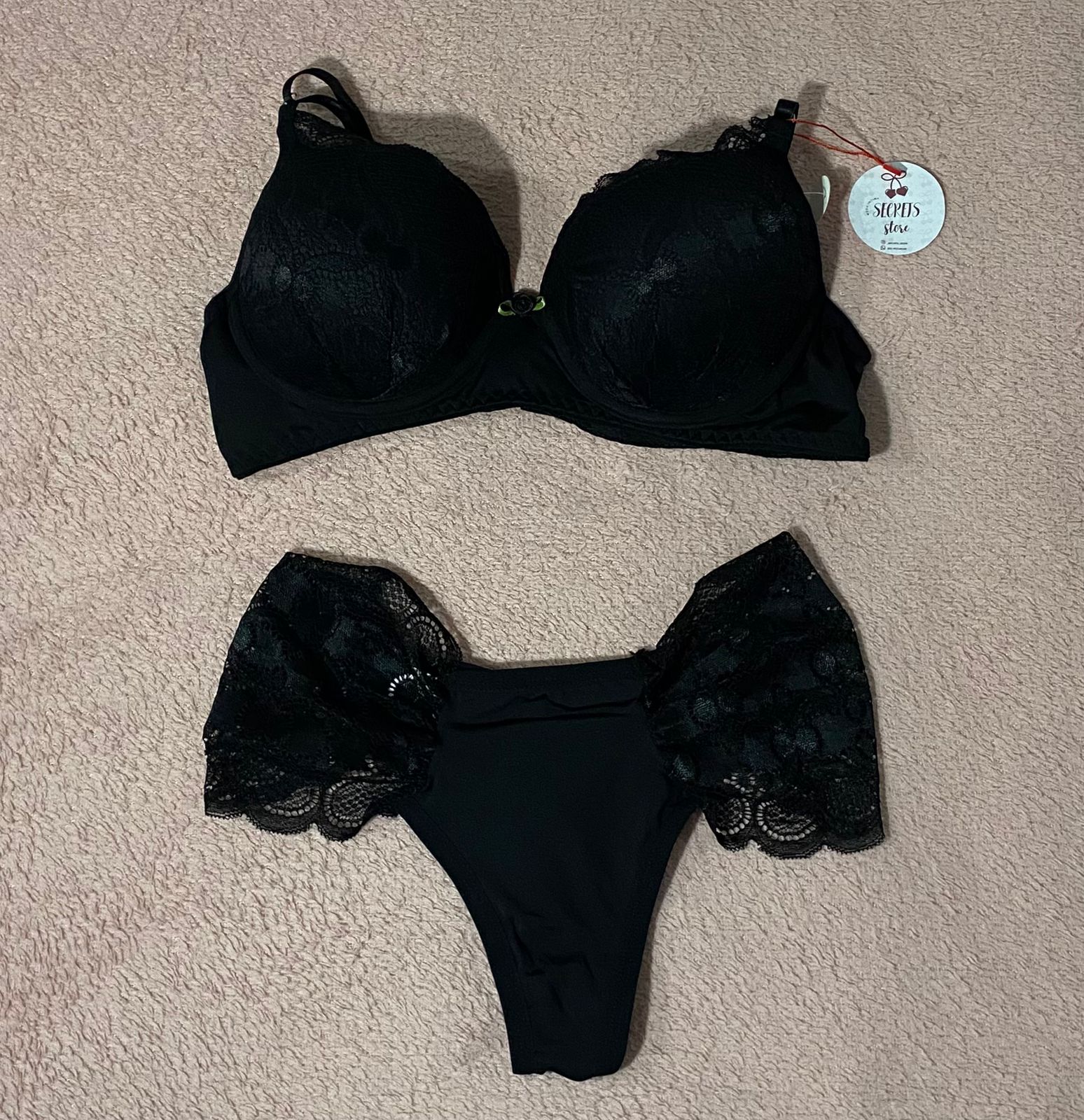 Conjunto Lingerie Fio preto Renda Lateral, tamanho G